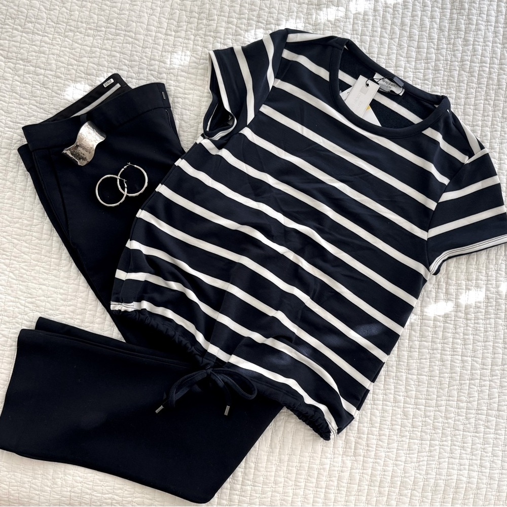 Cable & Gauge Navy and White Striped Short Sleeve Top